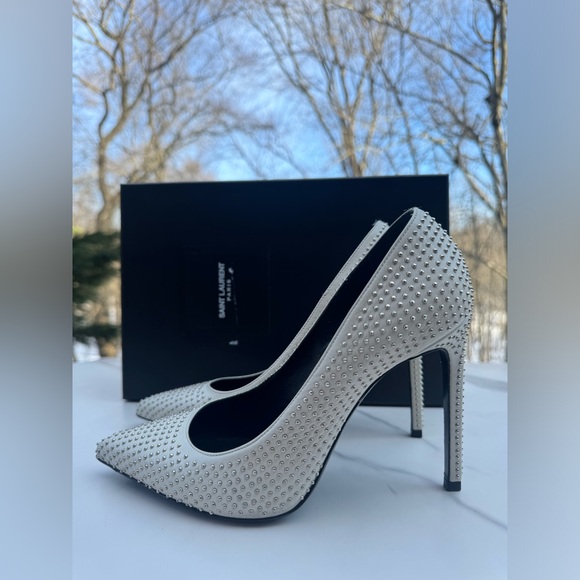 YSL SAINT LAURENT Metallic Studded High Heels Pumps Silver White 38 - Picture 2 of 9
